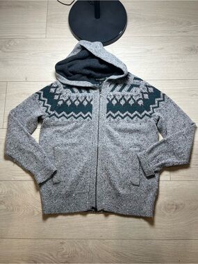 Banana Republic Size M Gray & Green Wool Blend Full Zip Knit Hood Sweater Jacket